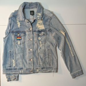 Wild Fable Distressed Jean Jacket with Hand Painted Details